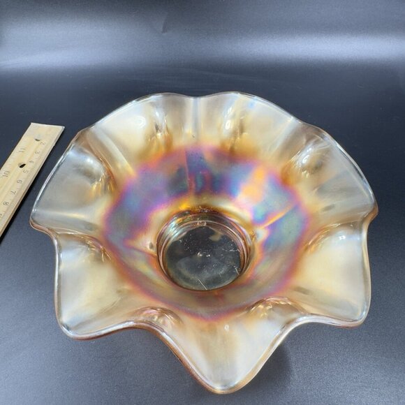 Carnival Glass Iridescent Marigold Bonbon Compote Dish Footed Bowl Glass VTG - Picture 12 of 16